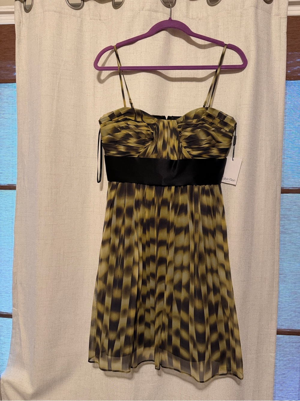 Calvin Klein Strapless Yellow-Green and Black Printed Cocktail Dress